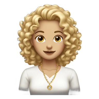 A curly - haired blonde girl in a white blouse with a necklace around her neck sticker