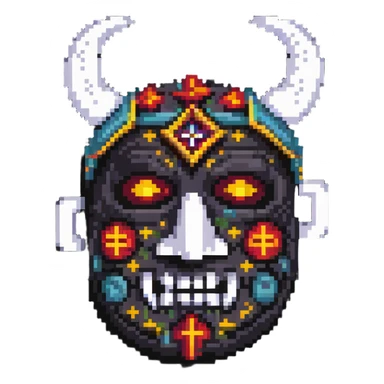 sackface character with elaborate ritual symbols stitched into mask sticker