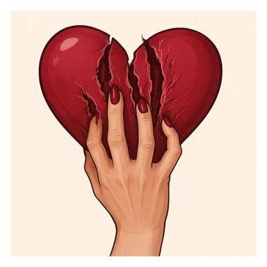 женская рука с маникюром вгоняет когти в винного цвета сердце и сильно раздирает царапает его (пальцы полусогнуты ногти вогнаны в царапины) рисованный стиль, ориентируйся на референсы по стилю и по уровню разодранности серца sticker