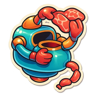 a robot that uses arms to put meat in large hole on top. sausage links come out robots rear. no legs on robot. robot hovers. robot feeds itself meat sticker