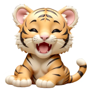 Cinematic Cute Yawning Tiger Cub Portrait Emoji, Head tilted slightly with a dramatic, wide-open yawn, showcasing a small, plush body with drowsy, half-closed eyes and an open, relaxed expression, Simplified yet irresistibly adorable features, highly detailed, glowing with a soft, cozy wild glow, high shine, relaxed yet expressive, stylized with a dash of whimsical jungle charm, soft glowing outline, capturing the essence of a drowsy yet affectionate tiger cub that appears ready to stretch out for a nap! sticker