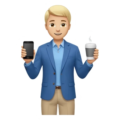 Confident and outgoing male entrepreneur, Caucasian features, short blonde hair, big friendly smile, expressive eyes, wearing a blue blazer over a light blue shirt, dark trousers and brown shoes, holding a smartphone in one hand and a coffee cup in the other, standing pose, full-body, front-facing sticker
