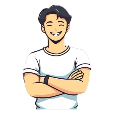 Man crossing arms around his neck laughing sticker