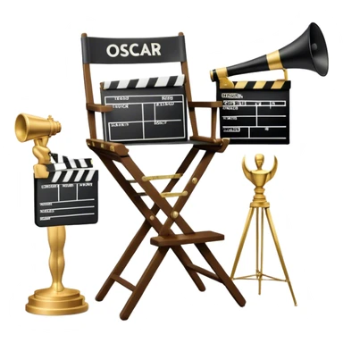 Icon for Directing: professional collage with director's chair, a film slate, a megaphone and an Oscar statuette. The icon should represent the creative and leadership aspects of directing, with focus on film and theater production. Transparent background. sticker