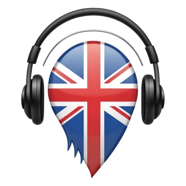 Minimalistic flat vector icon, iOS style, thin black contour on white background. Ear icon with sound waves and small UK/USA flag symbol. Clean, no text, no shadows sticker