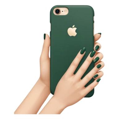 female hand with nude manicure (5 fingers) holding an iPhone in a dark green case, extremely concise, minimalist sticker