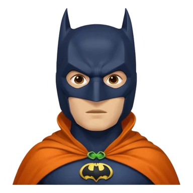 generate a batman emoji with just the face and neck showing and part of the cloak and and wings. Shade the mask in dark navy blue. Shade the chest in a bright medium olive green. Shade the cloak in a solid vibrant orange sticker