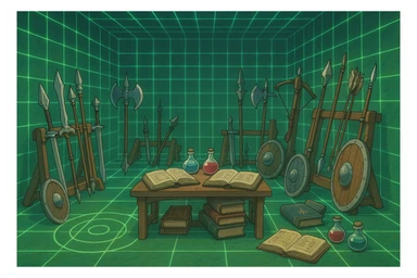 A virtual simulated training environment for combat drills, configured with swords, daggers, axes, maces, halberds, bow and arrows, and shields, as well as spell books and potions  sticker