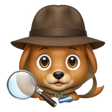 dog emoji with floppy ears, detective hat, magnifying glass, big eyes, simple shading, apple emoji style sticker