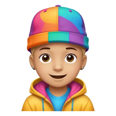 kid with a colorful hiphop hat, happy face sticker