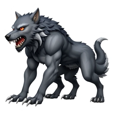 cinematic-noble-fierce-werewolf-full body on all fours-emoji, poised-and-imposing, with a tall, lean, and muscular wolfish frame inspired by the brutal, imposing shape of the beast from Berserk, fur rippling in shades of midnight black and silver, massive paws with razor-sharp claws, elongated limbs and fangs, eyes glowing with an intense, primal ferocity, reflecting the untamed power of the wild moonlit night; rendered with realism like a wolf sticker