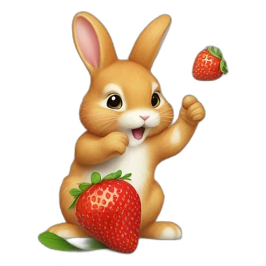 A little ginger bunny reaching up to eat a strawberry off a small teee sticker