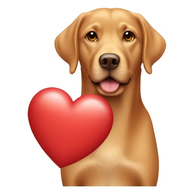 Red Labrador holding a heart sticker