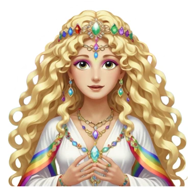 a being made of light pleidian nordic long faces and curly huge thick blond hair but beautiful features of light wearing jewels and a rainbow halo like a saint arount her a robe on made of light and gem  transparent belly dancer and who is lanky holding a bouquet of crystal flowers on rainbow fire sticker