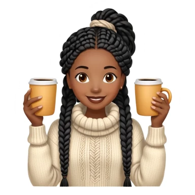 A dark-skinned Black woman with long black box braids, holding a steaming coffee cup with both hands, wearing a cozy sweater, smiling. sticker