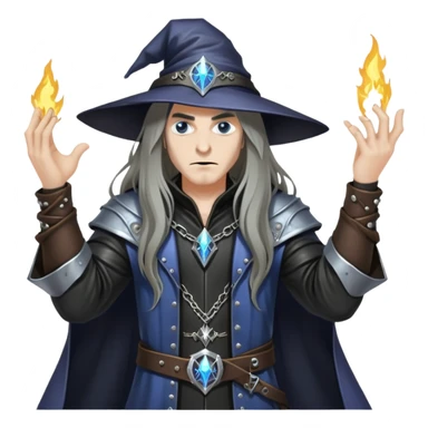 wizard with long hair, heavy metal aesthetic, leather clothes, dark magic sticker