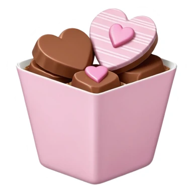 Two glossy square milk chocolate pralines placed diagonally, each in a white ridged paper cup, topped with a soft pastel pink heart icing with subtle sugar sparkle.
Cute minimal emoji-style, realistic and polished, clean studio lighting, pure white background, smooth 3D render, high resolution. sticker