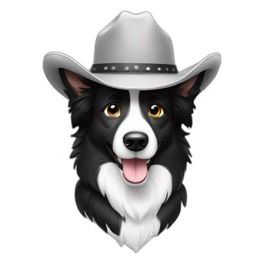 Very happy Border collie with black and white fur wearing a cowboy hat sticker