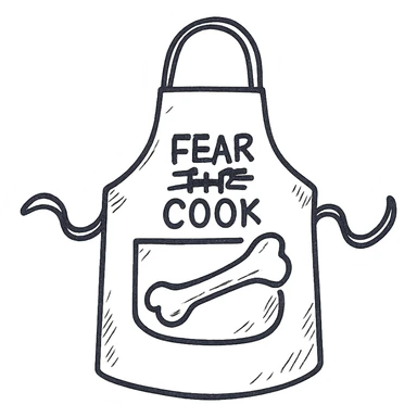 An apron with the text "Kiss the Cook" scratched out and replaced with "Fear the Cook", featuring a giant rib bone as a weapon sticker
