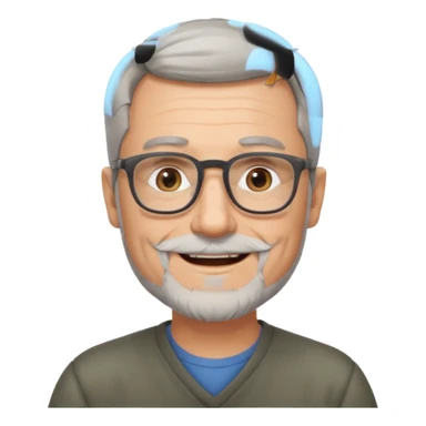 54 year old man, short shaved grey hair, beard, glasses sticker