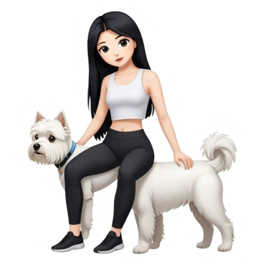 A girl with long black hair in a white crop top and black leggings holding a west highland terrier sticker