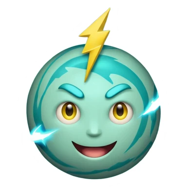 Uranus planet emoji in Apple-style, blue-green color with visible rings, a big playful and excited face, and one large yellow lightning bolt in front of the planet. The emoji is bursting with electric, chaotic, and unexpected energy, with highly expressive and fun features. sticker