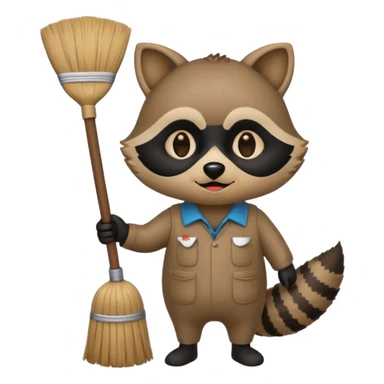 raccoon cleaner emoji, round face, holding a broom, simple and expressive, apple emoji style sticker