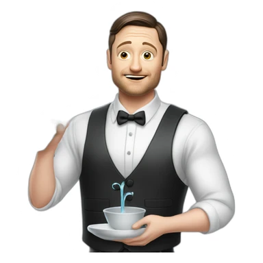 tim robinson dark black slicked back hair white long sleeve shirt with a light grey vest pouring water on a steak sticker