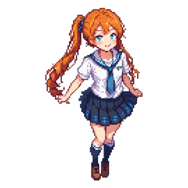 anime girl in school uniform, orange hair in side ponytail, blue eyes, standing in a courtyard with cherry blossom petals, skirt and hair fluttering in breeze, cheerful expression sticker