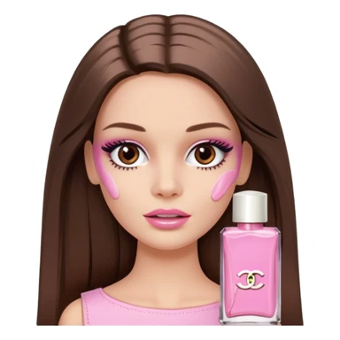Barbie girl a brown long Straight hair and brown eyes is In pale pink smears by hand cosmetic cream Chanel on her face sticker