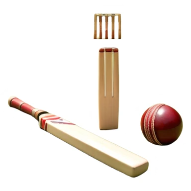 A cricket bat and ball resting on a well-manicured pitch, with the stumps and bails in the background. The scene emphasizes the traditional elements of the game, with the bat poised for a shot and the field reflecting a calm, competitive atmosphere. sticker