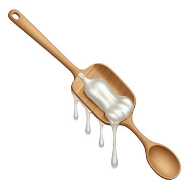 a close-up, minimalist shot of a viscous, pearly substance slowly dripping from a wooden spatula against a neutral gray background. sticker