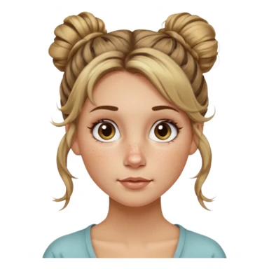 creative women with long dark Blond with highlights semi curly hair white women with hair in a messy bun, oval shape face hazel eyes long lashes freckles on the nose high cheek bones sticker