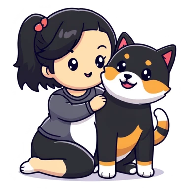 girl with black shoulder-length hair wearing a black tight-fitting top with a calico cat with white mouth and a shiba inu dog sticker