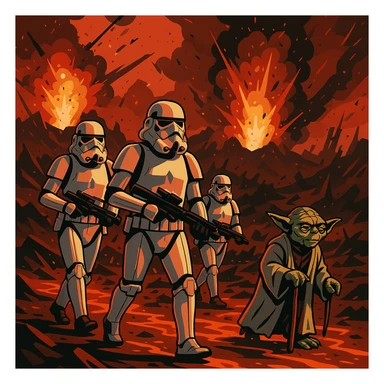 vector art of a Starwars stormtroopers is walking on lava planet with yoda, battleground background 
 sticker