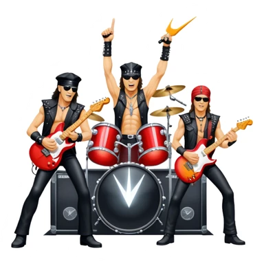Icon for Rock Music: Scorpions live concert on stage with electric guitars, drums, and a powerful spotlight. Klaus Meine at the microphone, Rudolf Schenker and Matthias Jabs playing guitars, dynamic stage presence, and electric energy. Transparent background. sticker