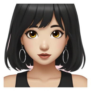 Korean girl, black tank top, black hair, black eyes, layered hair, cool girl, aesthetic, long hair, hime cut, blunt bangs, small silver hoop earrings sticker