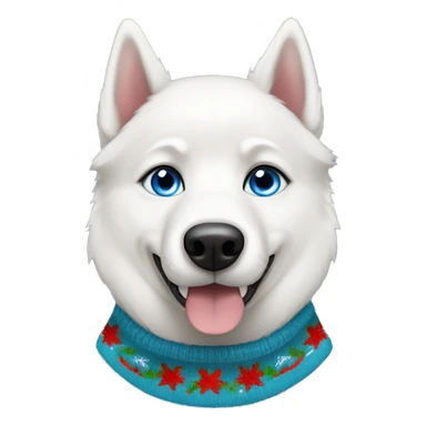 White Siberian Husky dog with blue eyes wearing a Christmas sweater sticker