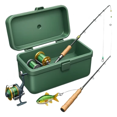 A fishing rod with reel and line neatly coiled beside a bait box.

 sticker