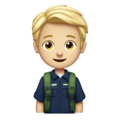2 boys school, navy fleece, blond hair with ruck sacks sticker