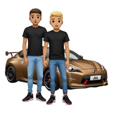 Grunge-style analog photo, London 2025, person inspired by the new reference image in model pose in front of a Nissan GT 86, black t-shirt, jeans, Nike Air Jordan low, using flash, analog grain, city night, 1/8. sticker