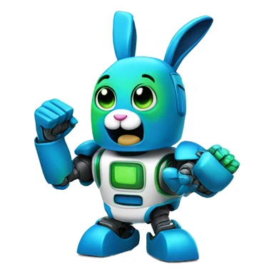 a blue and green robot rabbit has a fist in the air sticker