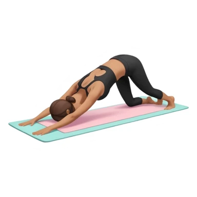 	A woman doing downward dog pose on a yoga mat, black outfit, serene background with soft pastel colors and stars. sticker