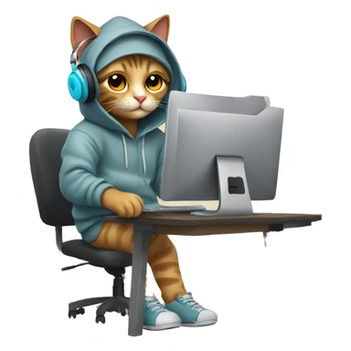 cat is a graphic designer in a hoodie and headphones, working at a computer in photoshop sticker