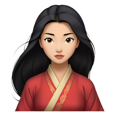 Cinematic Realistic Mulan Portrait, depicted with lifelike skin texture, soft natural lighting, and intricately detailed long black hair styled elegantly. Her deep, expressive eyes exude determination and grace, complemented by a serene yet confident expression. She is dressed in her classic attire, with rich fabric textures and delicate folds that catch the light beautifully. The portrait features a soft, enchanting glow with a natural, radiant finish, capturing the essence of timeless strength and beauty in a realistic and painterly style, evoking a sense of depth and authenticity. sticker