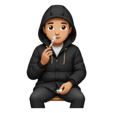 A man sitting on a chair, wearing a black puffed coat with hood, hands in his pocket, smoking a cigaret, he is on a chair, the chair is an outside coffe terrasse chair sticker