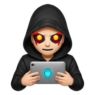 Black-hooded neon hacker emoji, red and cyan glow only, slamming glowing text “FTHESCAMMERS” with impact flash, aggressive anti-scam vibe, smooth 2-second loop, transparent background, Discord sticker style, no new colors. sticker