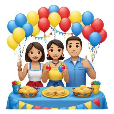 party table decorated with red blue and yellow colors, including a backdrops, balloons arch, streamers and more. On the table are intricate displays of colombian arepas, and baskets of money. In the forefront is a woman and man in simple clothing, big smiles and big thumbs up sticker
