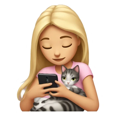 Girl snuggling with cat both looking at cell phone  sticker