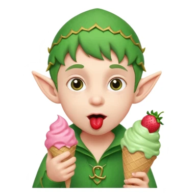 
A young elf boy in leafy clothes licking a triple-scoop ice cream with wide eyes.
baby elf with strawberry ice cream




 sticker